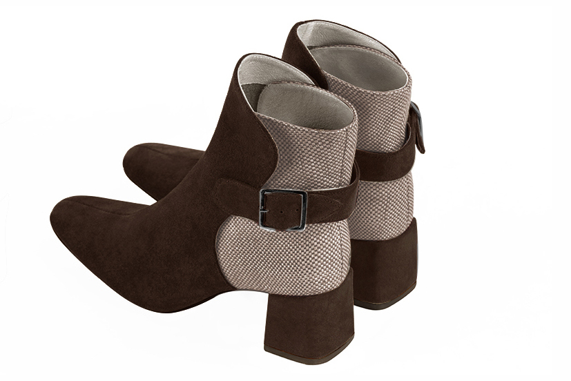 Dark brown and tan beige women's ankle boots with buckles at the back. Square toe. Medium block heels. Rear view - Florence KOOIJMAN